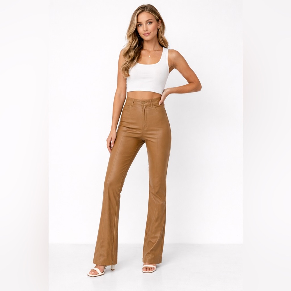 Zara Camel High-Waisted Faux Leather Flare Pants Chic Retro Wide Leg Trousers-XS